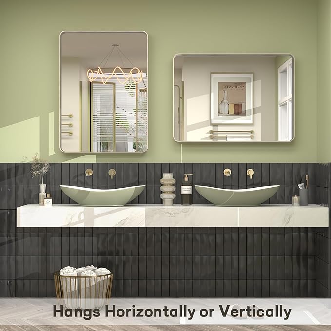 24x32 Inch Brushed Nickel Bathroom Mirror, Brushed Silver Metal Framed Wall Mirror, Rounded Corner Rectangle Modern Vanity Mirror, Tempered Glass, Anti-Rust, Shatterproof (Horizontal/Vertical)