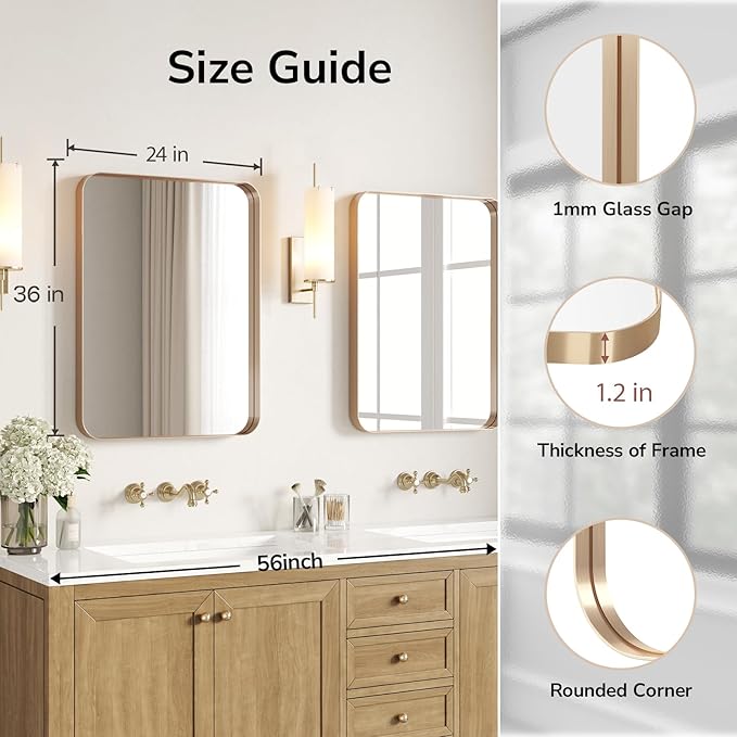 USHOWER Gold Bathroom Mirrors 24"x36" 2 Pack, Brushed Gold Rectangle Mirrors for Over Sink, Rounded Corner, Aluminum Frame, Anti-Rust, Tempered Glass, Horizontal or Vertical Mounted