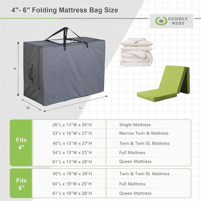 Cuddly Nest Folding Mattress Storage Bag - Heavy Duty Carry Case for Tri-Fold Guest Bed (Fits 6" Twin & Twin XL Mattress,Grey)