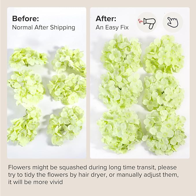 Auihiay 64 PCS Full Hydrangea Flowers, Silk Hydrangea Artificial Flowers Heads with Stems, Artificial Flowers for Wedding, Garden, Baby Shower, Party, Outdoor Indoor Decoration (Light Green)