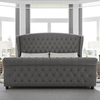 AMERLIFE Queen Size Platform Bed Frame, Velvet Upholstered Sleigh Bed with Scroll Wingback Headboard & Footboard/Button Tufted/No Box Spring Required/Grey