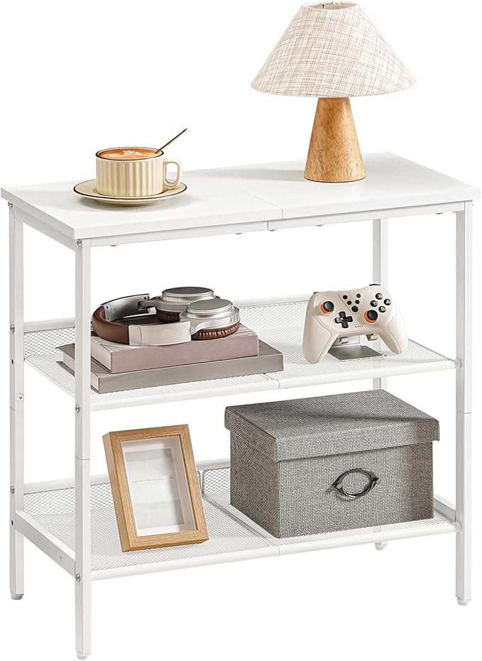 HOOBRO End Table, 3-Tier Narrow Side Table, Nightstand with 2 Flat or Slant Adjustable Shelves for Small Spaces, Hallway, Living Room, Bedroom, Sturdy, Easy Assembly, White WT23BZ01G1