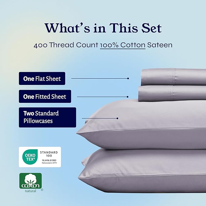 California Design Den Full Size Bed Sheets Set - Soft 400 Thread Count Sateen, Natural 100% Cotton Sheets with Deep Pockets, Breathable, Cooling and Durable Bedding Set - Dusky Lavender Grey