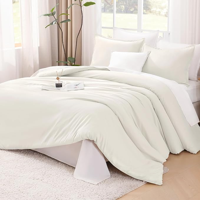 Litanika Ivory Comforter Set Full Size, 3 Pieces Lightweight Solid Bedding Comforter Set, All Season Fluffy Bed Set (79x90In Comforter & 2 Pillowcases)