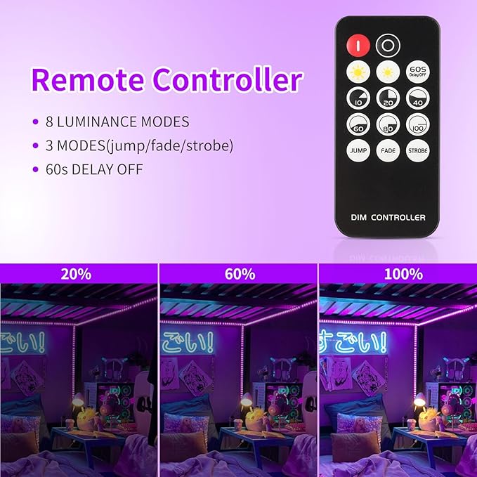 40ft Black Light Strip with Remote, 720 LED Lamp Beads, 12V Flexible Lights for Glow Party, Dimmable, Delay Off, 3 Light Modes, Indoor Fluorescent Party, Stage Lighting