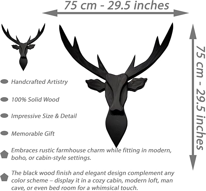 Handmade Wooden Deer Head Wall Mount - 29.5" Handcrafted Faux Taxidermy Deer Bust, Rustic Farmhouse Wall Decor Sculpture for Living Room, Entryway, Man Cave