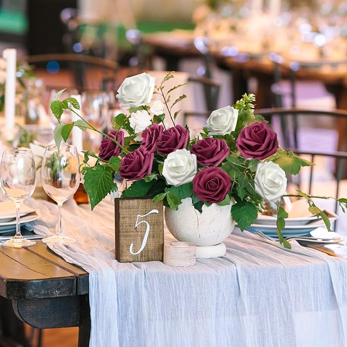 Artificial Flowers Realistic White & Wine Red Roses, Real Looking Fake Roses with Stem for DIY Wedding Bouquets Centerpieces Bridal Shower Party Home Romantic Decorations (White & Wine Red, 100pcs)