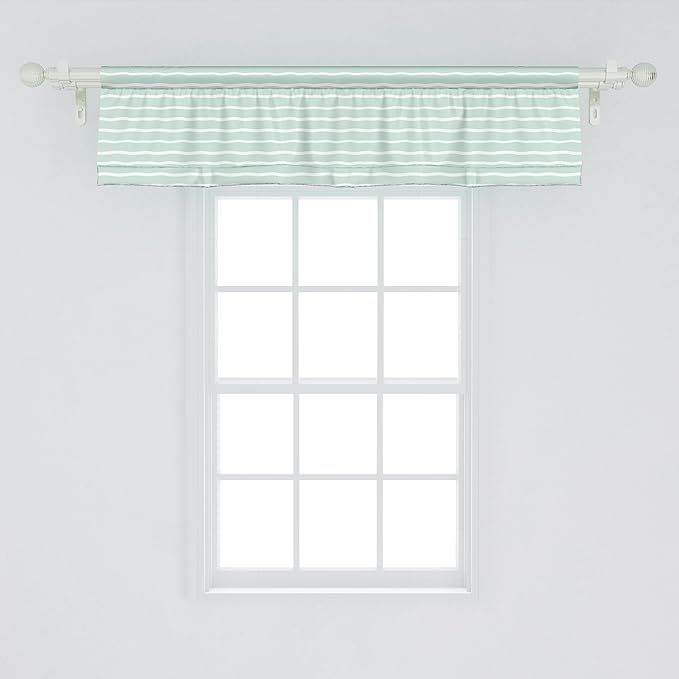 Ambesonne Pastel Window Valance, Horizontal Wavy Lines White Striped Abstract Soft Toned Nautical Art Display, Curtain Valance for Kitchen Bedroom Decor with Rod Pocket, 54" X 12", Almond Green White