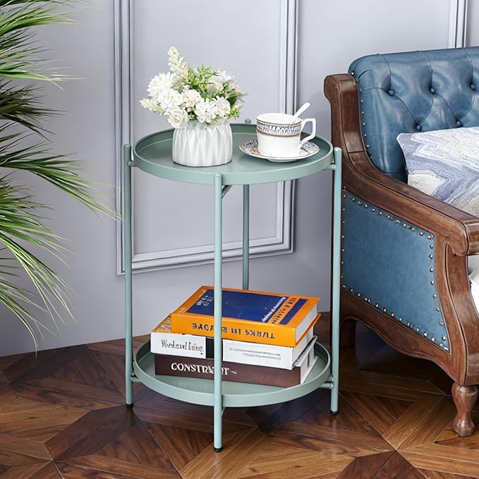 HollyHOME 2-Tier Round Side Table, Outdoor Small Folding Accent Stand with Removable Tray, Anti-Rust Metal Asional Table for Balcony Patio Living Room, Nightstand for Bedroom(Cyan Blue)