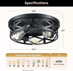 VONLUCE Flush Mount Ceiling Lights, 3-Light Hallway Ceiling Lighting Fixtures, 13 inch Farmhouse Metal Cage Ceiling Lights for Entryway Kitchen, Adjustable Lamp Holders, 2 pcs, Black