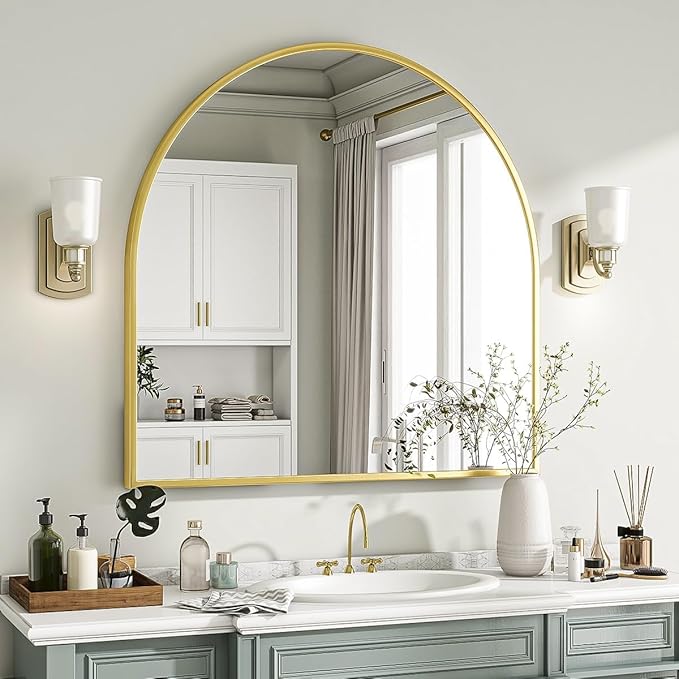 VooBang Wide Arched Wall Mirror, 31 x 32 inch Arch Bathroom Mirror, Wall Mounted Vanity Mirror with Arch Metal Frame, Modern Bathroom Vanity Mirror for Bedroom, Living Room, Hanging or Leaning, Gold