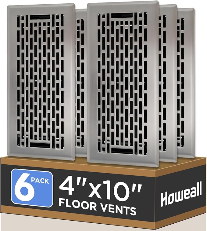 4x10 Inches 6 Pack Heavy Duty Walkable Floor Register - Easy Adjust Air Supply Lever Decorative Floor Vent Covers, Boston Design Vent Covers for Home - Satin Nickel