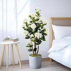 Artificial Camellia Tree 2 Pack, Artificial Plants Outdoor Faux Floral Plant in Cement Pot Fake White Silk Camellia Tree Plants for Home House Living Room Office Decor (White)