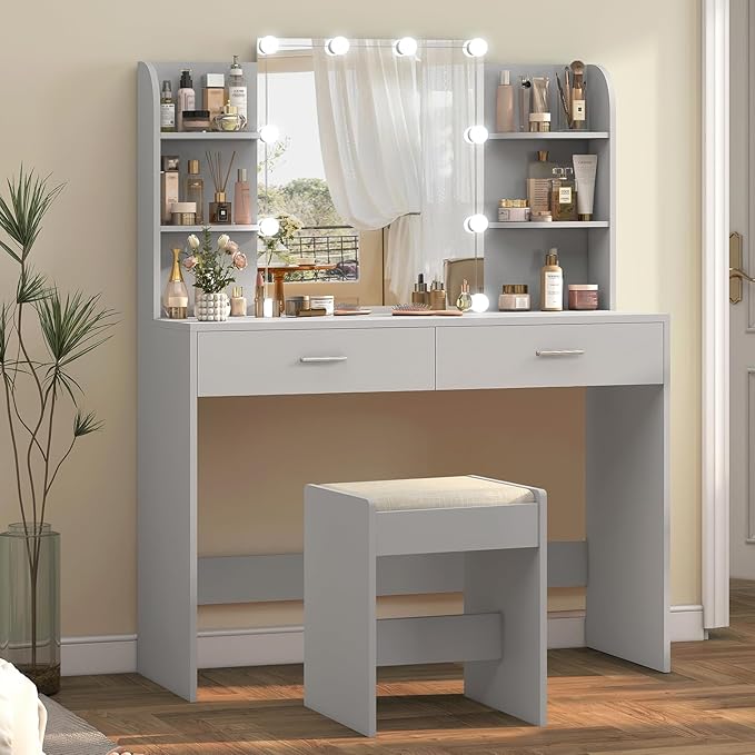 usikey Vanity Desk, Makeup Vanity Table with 10 LED Light Bulbs, Vanity Table, Vanity Desk Set with 2 Drawers, 6 Storage Shelves & Cushioned Stool for Women Girls, Bedroom, Grey