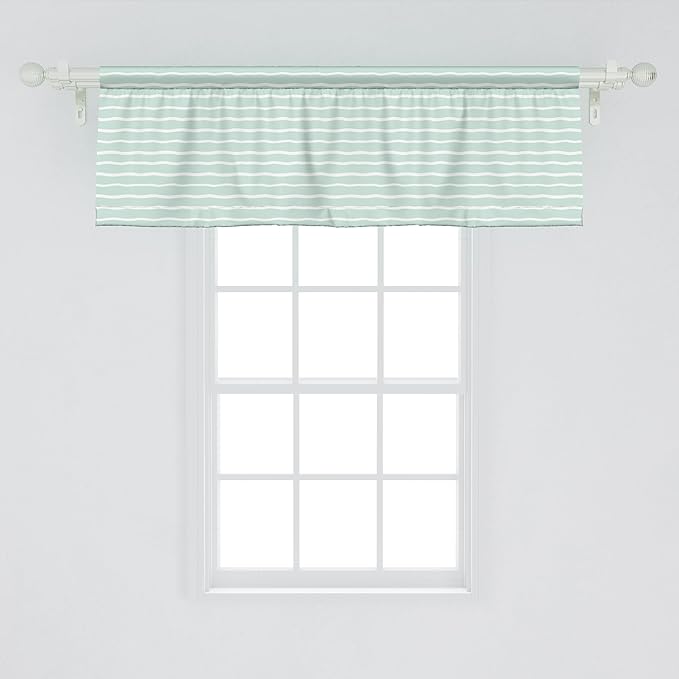 Ambesonne Pastel Window Valance Pack of 2, Horizontal Wavy Lines White Striped Abstract Soft Toned Nautical Art Display, Rod Pocket Curtain Valances for Kitchen Bedroom, 42" X 18", Almond Green White