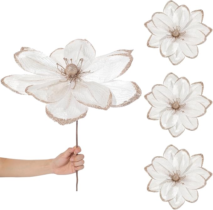 8 Pcs Large Christmas Flower Magnolia Flowers Christmas Tree Decoration Artificial Poinsettia Stems Velvet Xmas Ornaments for Xmas Tree Table Decor(White,16 Inch)
