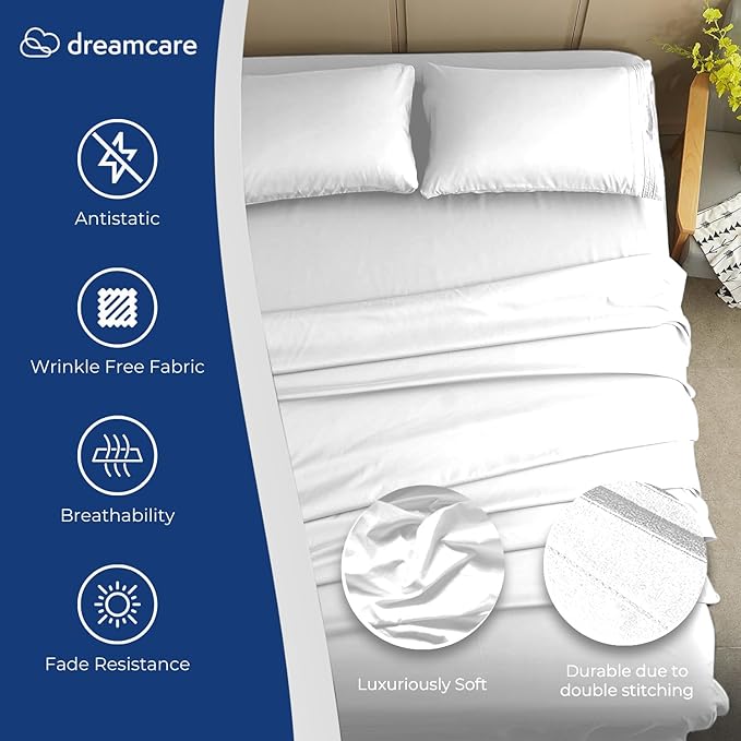 DREAMCARE Queen Sheet Set – 4 pcs Cooling Sheets – up to 21” Extra Deep Pocket Queen Sheets – Hotel Luxury Sheets & Pillowcases – Superior Softness 100% Fine Microfiber with Side Pocket – White