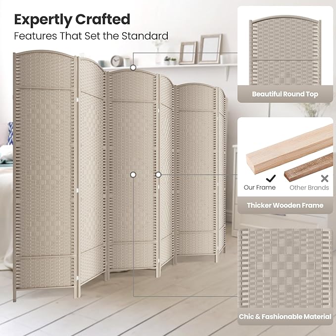 6 Panel Room Divider,6Ft Folding Privacy Screen,Tall - Extra Wide Foldable Panel Partition Wall Divider with Diamond Double-Weaved Hand-Woven Design Room Screen Divider