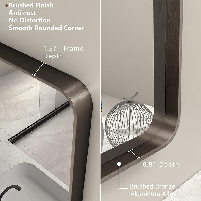 28x36 Bronze Framed Mirror, Brushed Bronze Metal Bathroom Vanity Mirror for Wall, Modern Rectangle Mirror, Rounded Corner, Anti-Rust, Tempered Shatterproof (Horizontal/Vertical)