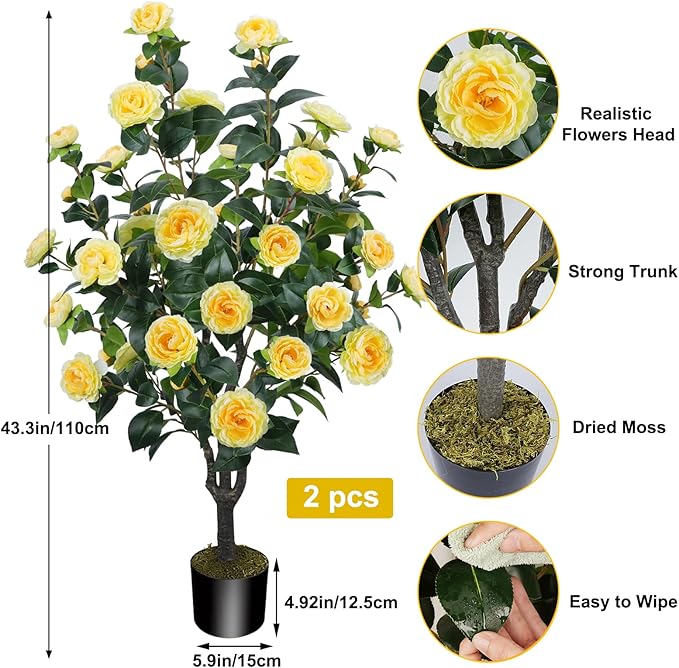 3.6FT Artificial Camellia Fake Tree, Artificial Plants & Flowers with 32 Yellow Flowers for Door Front Decoration Porch Patio Living Room Office Indoor Outdoor Decor (2PCS Contains Dried Moss)
