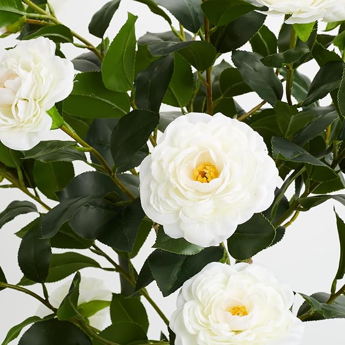 3FT Artificial Camellia Tree, 2 Pack Fake Camellia Tree Artificial Tree, Faux Floral Plants in Cement Pot, Greenery Potted Plant for Indoor Outdoor Home Office Porch Decor (White)