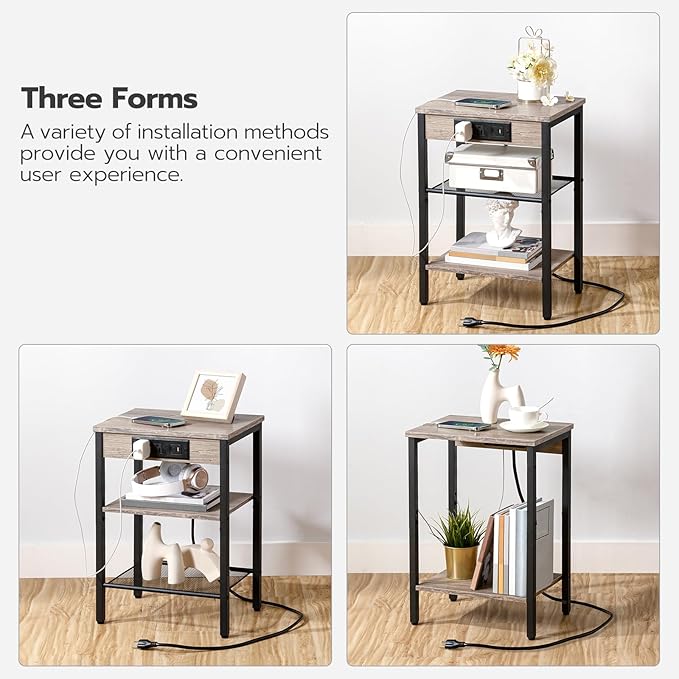 HOOBRO End Table with Charging Station and USB Port, Small Side Table for Small Space, 3-Tier Nightstand with Adjustable Shelf, for Living Room, Bedroom and Balcony, Greige BG112BZ01