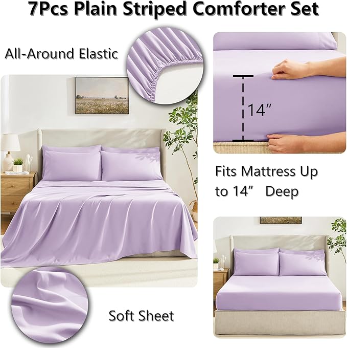 CozyLux Queen Comforter Set Lavender, 7 Pieces Bed in a Bag, Light Purple Comforter Queen Size, All Season Bedding Sets with Stitch Quilted Comforter, Flat Sheet, Fitted Sheet, Pillowcases