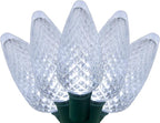 C9 LED Faceted Cool White Prelamped Light Set, Green Wire - 25 C9 Cool White LED Christmas Lights, 8" Spacing