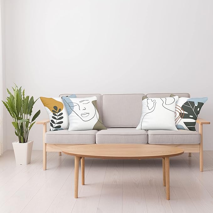 Ambesonne Minimal Throw Pillow Cushion Case Pack of 4, Modern Line Art Woman Portrait with Contemporary Leafy Geometric Details, Modern Accent Double-Sided Digital Printing, 18", Baby Blue Taupe Amber