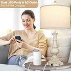 26" Farmhouse Table Lamps Set of 2, Rustic Touch Control Bedside Lamps with 2 USB Ports & AC Outlet, Vintage White Resin 3-Way Dimmable Nightstand Lamp Linen Fabric Shade for Living Room Bedroom Decor