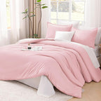 Litanika Comforters Pink Super King Size, 3 Pieces Lightweight Solid Bedding Set & Collections, All Season Fluffy Bed Set (120x120In Comforter & 2 Pillowcases)