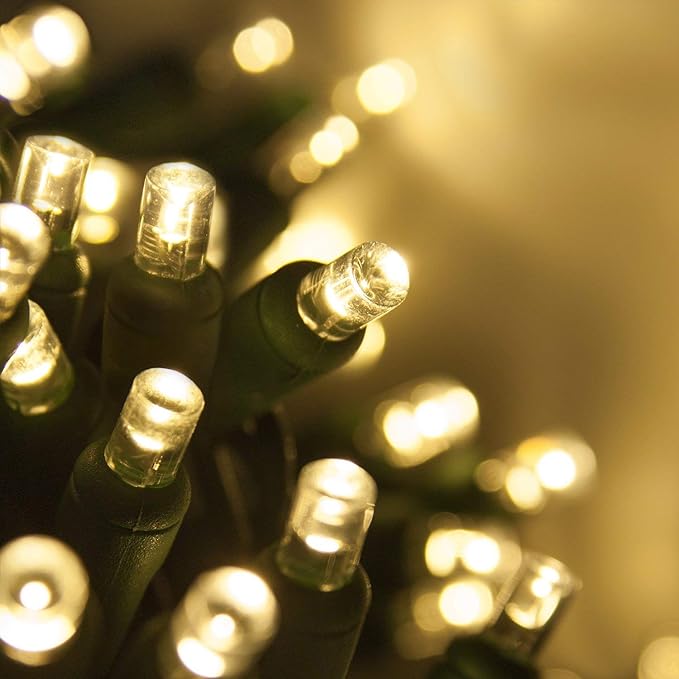 5mm LED Wide Angle Warm White Prelamped Light Set, Green Wire - 70 5mm Warm White LED Christmas Lights, 6" Spacing