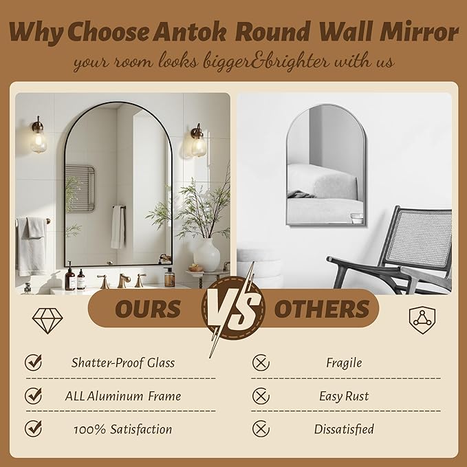 Antok Bathroom Mirror,30"x20" Wall Mirror, Decorative Mirrors Vanity Mirror Aluminum Alloy Frame Contemporary Hanging Mirror for Living Room Bathroom Entryway,Black,Arched
