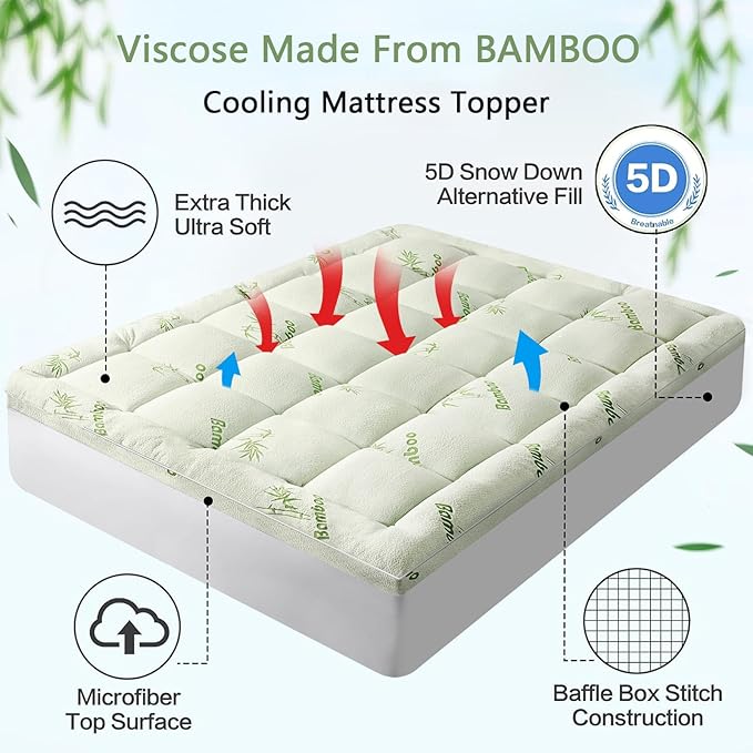 Premium Viscose Made from Bamboo Twin Size Mattress Topper for Back Pain, 1200 GSM Quilted Fitted Extra Thick Mattress Pad,Pillow Top Mattress Cover with Deep Pocket Up to 21 Inches（39 * 75inch）