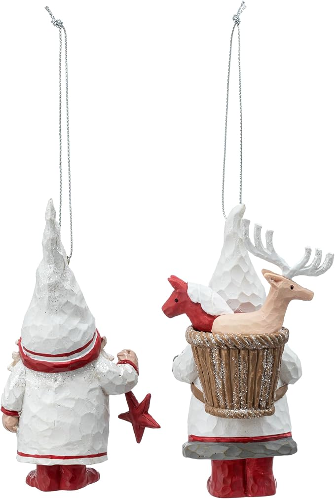 DEMDACO Cozy Time Red, White 5 x 2 Inch Resin, Polyester Christmas Tree Decoration, Festive Holiday Décor, Hanging Ornaments, Set of 2, Gnome Traveler