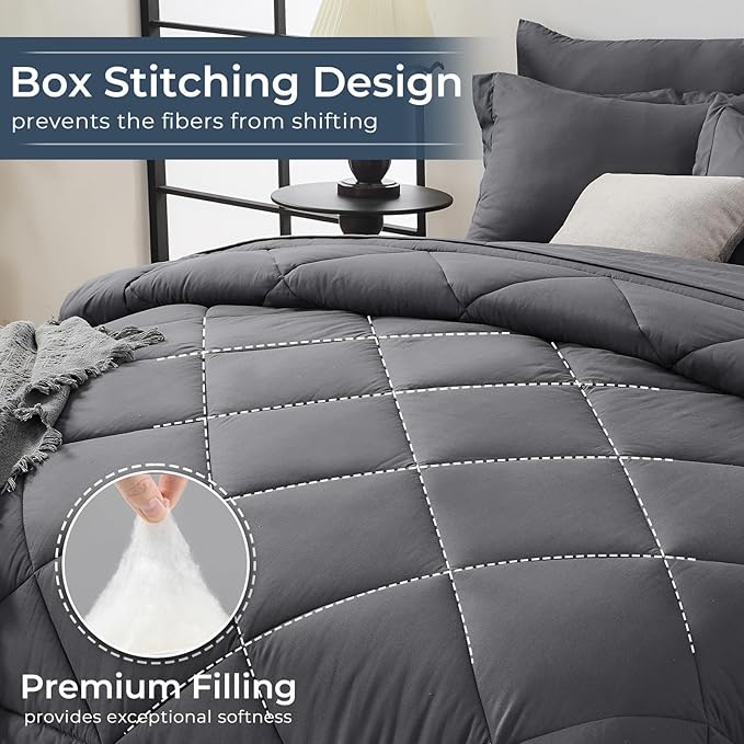 HEVUMYI Twin Comforter Set - 5-Piece All Season Bed in a Bag Twin, Ultra Soft Bedding Set with Comforter, Flat Sheet, Fitted Sheet, Pillowcases, Pillow Shams, Dark Grey