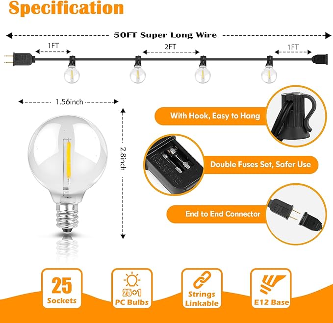 50FT Outdoor String Lights Waterproof, Bright 2700K LED Patio Lights String with 27 G40 Shatterproof Globe Bulbs, Connectable Edison String Lights for Outside, Garden, Balcony, Porch