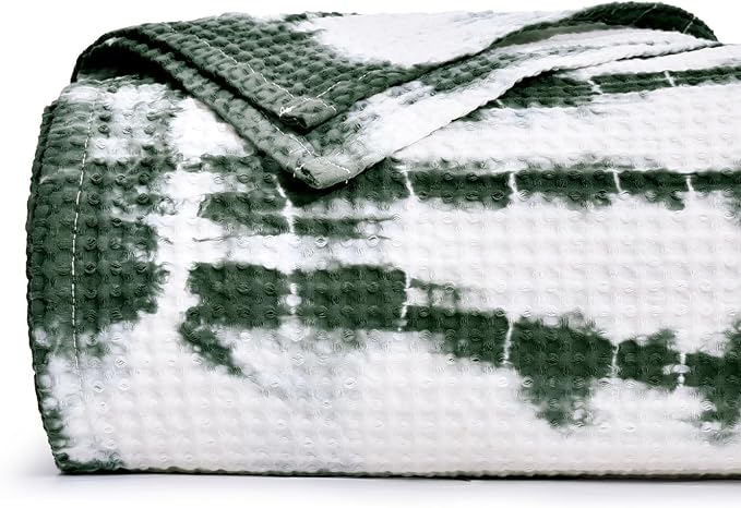 PHF 100% Cotton Tie-dye Waffle Weave Blanket Queen Size,Soft Breathable Skin-Friendly Durable Layering for All Season, Manual Elegant Delicate Pattern for Bed, Home Decor, Couch,Tie Dyed Green, 90x90