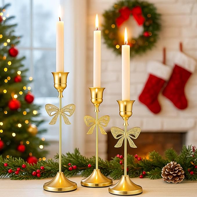 3 Pcs Christmas Candle Holders 3 Size Gold Taper Candlestick Holders Set Vintage Decorative Centerpiece for Table Mantel Wedding Housewarming Thanksgiving Gifts (Bowknot)