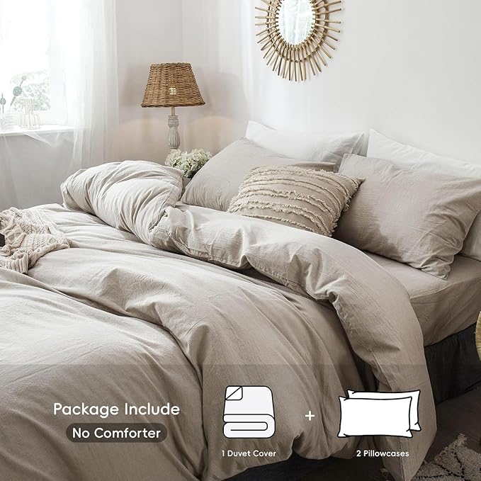 MooMee Bedding Duvet Cover Set 100% Washed Cotton Linen Like Textured Breathable Durable Soft Comfy (Heathered Tannish Linen Grey, Super Queen 90"x98")