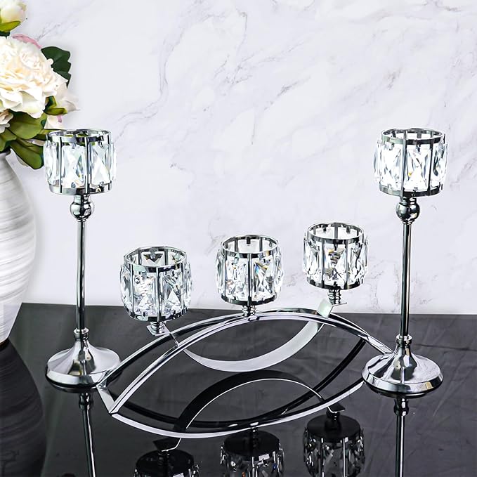 3 Arms Crystal Candle Holders, Arch Candlestick Table Candelabras Centerpieces for Wedding, Dinning Room, Cabinet Ornaments, Home Decoration， Gift (3-arm Arched Set, Silver)