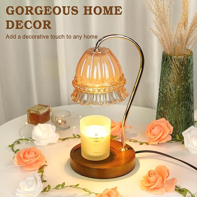 Glass Candle Warmer Lamp with Timer, Flower Candle Lamp, Birthday Gifts for Women, Mom, Female Friend, Candle Lamp Warmer Gifts, Electric Dimmable Candle Warmer, Vintage Home Decor, Amber