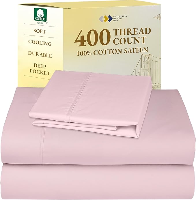 California Design Den Soft Twin Sheets Set - 400 Thread Count Sateen, 100% Cotton Sheets, Deep Pockets, Cooling and Durable Bedding Set for Dorm Rooms & Adults - Pink