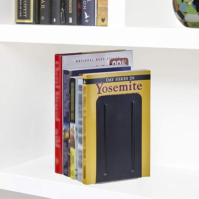 Acrimet Metal Bookends, Non-Skid Book Stand for Shelves, Heavy Duty Book Stopper, 6-7/8" H x 4" W x 4-1/2“ D, Black, 1 Pair
