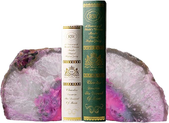 AMOYSTONE 4-6 Lbs Pink Book Stopper 1 Pair with Rubber Buffers Agate Bookends for Heavy Books Office Home Shelves Decoration