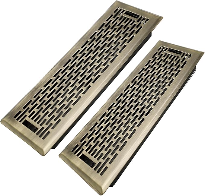4x14 Inches 2 Pack Heavy Duty Walkable Floor Register - Easy Adjust Air Supply Lever Decorative Floor Vent Covers, Boston Design Vent Covers for Home - Antique Brass