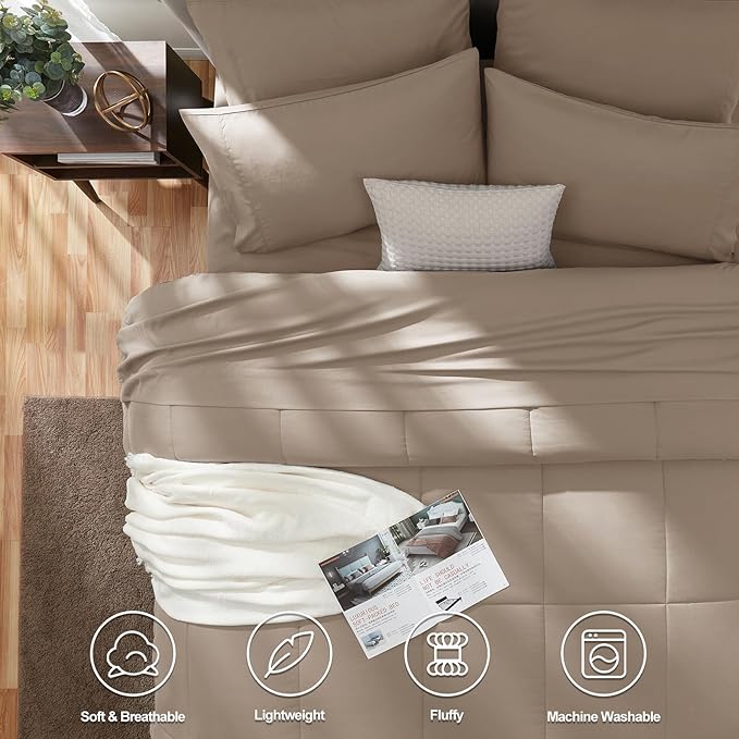 CozyLux Full Size Comforter Sets Khaki, 7 Pieces Bed in a Bag, Khaki Comforter Full Size, All Season Bedding Sets with Stitch Quilted Comforter, Flat Sheet, Fitted Sheet, Pillowcases