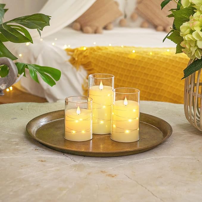 Homemory Flickering Flameless Candles with String Lights, Battery Operated Candles, Embedded String Lights LED Candles, Unbreakable Plexiglass Candle with Remote, Set of 3, Ivory White