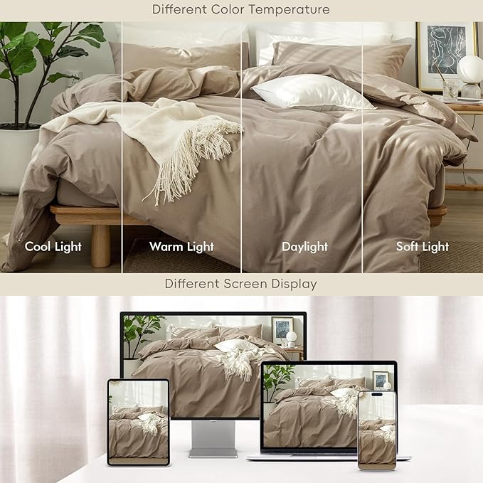 MooMee Bedding Duvet Cover Set 100% Washed Cotton Linen Like Textured Breathable Durable Soft Comfy (Solid Mocha Brown, Super King 108"x98")