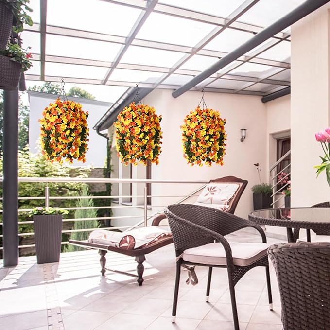 Artificial Hanging Flowers Basket for Fall Autumn Outdoor Decor,Faux Silk Begonia in Planter Look Real UV Resistant for Porch Home Patio Garden Yard Decoration
